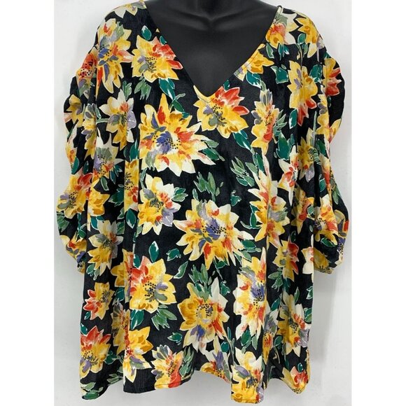 Ava & Viv Top Plus Sz 4X Black Floral Short Sleeve V Neck Keyhole Women New - Picture 1 of 6